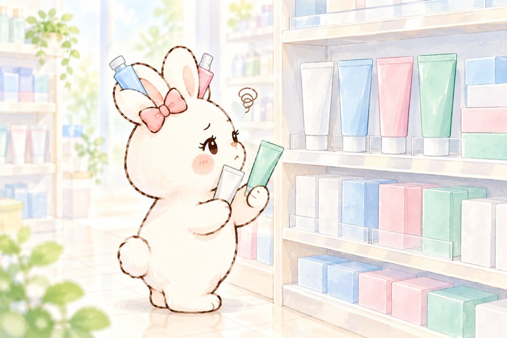 色ちがいの歯みがき粉を見比べる白うさぎのナビ助
