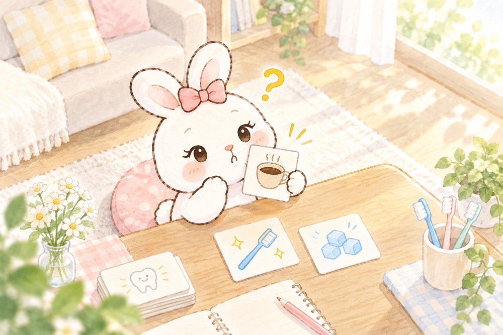 悩みのカードを並べて自分に合うものを考える白うさぎのナビ助