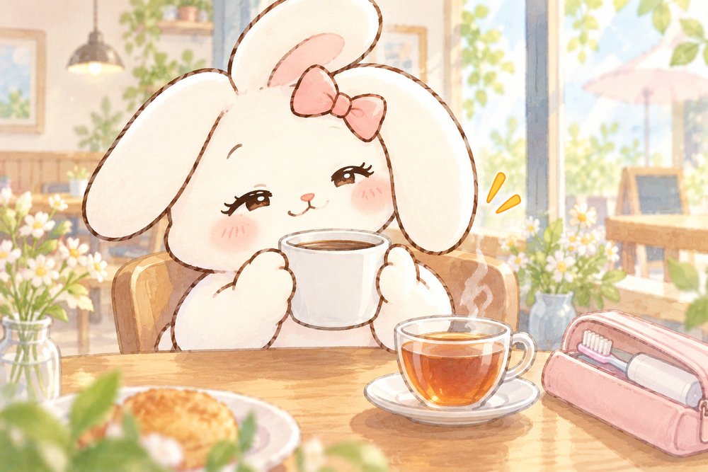 カフェでお茶を楽しむウサギのナビ助