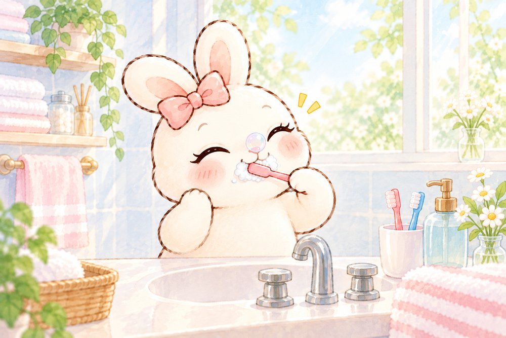 やわらかい歯ブラシでやさしく歯みがきするうさぎ