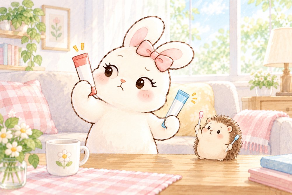 2本の歯磨き粉を見比べて悩むうさぎとまねするハリネズミ
