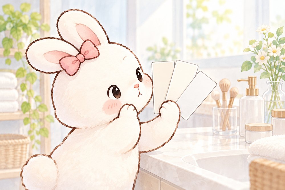 色見本カードを見くらべて考え込むうさぎのナビ助
