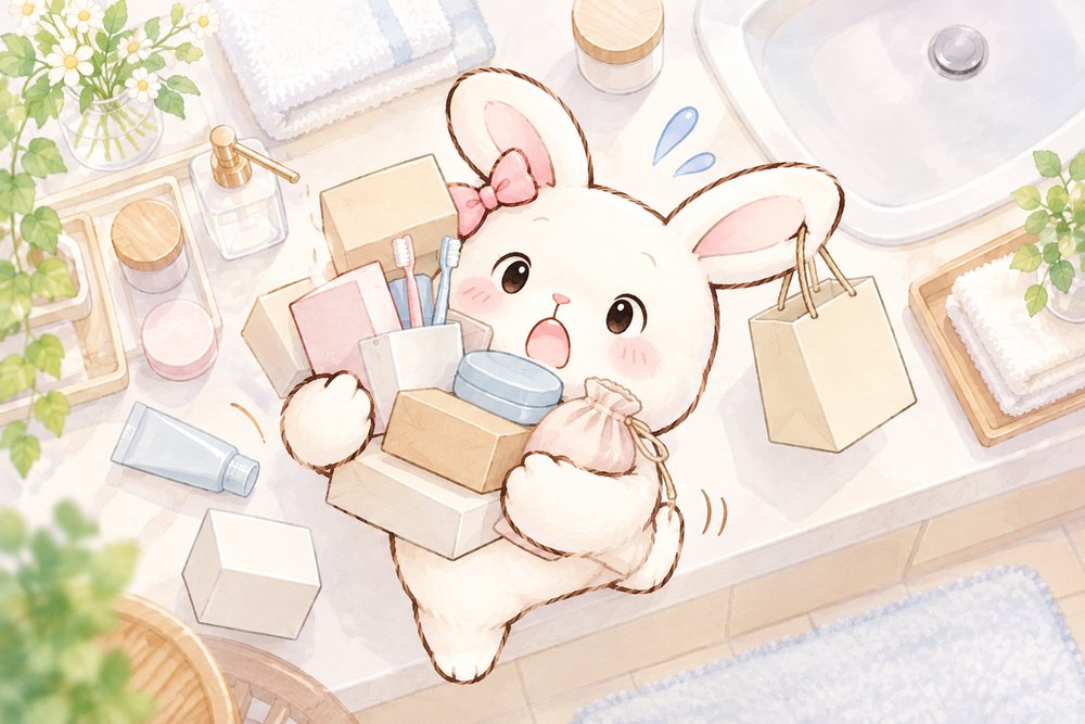 洗面台でたくさんの箱や袋を抱えてよろけるうさぎのナビ助